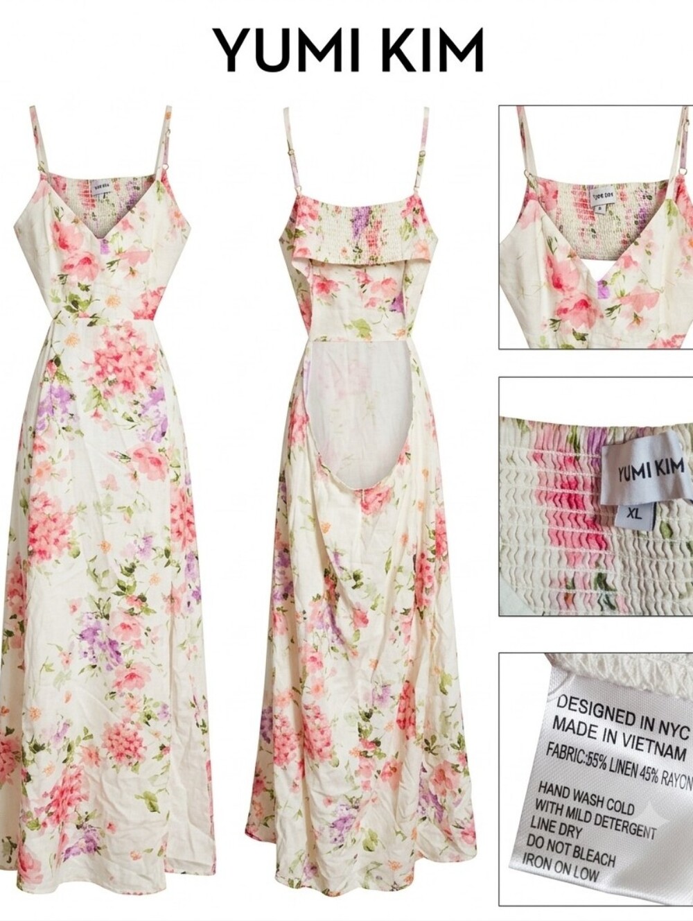 Yumi Kim Floral Linen Blend Maxi Dress Size XL Pink Blue Green Cottagecore Y2K